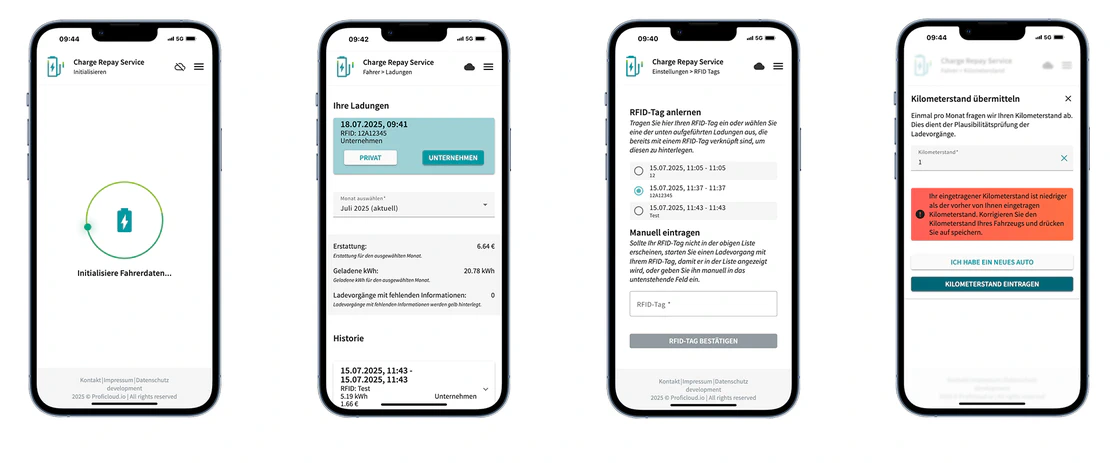 Four screenshots of the Charge Repay Service app showing various functions such as initialization, charging history, RFID tag learning, and mileage submission.