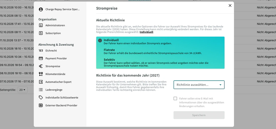 Einstellung der Strompreirichtlinie im Charge Repay Service